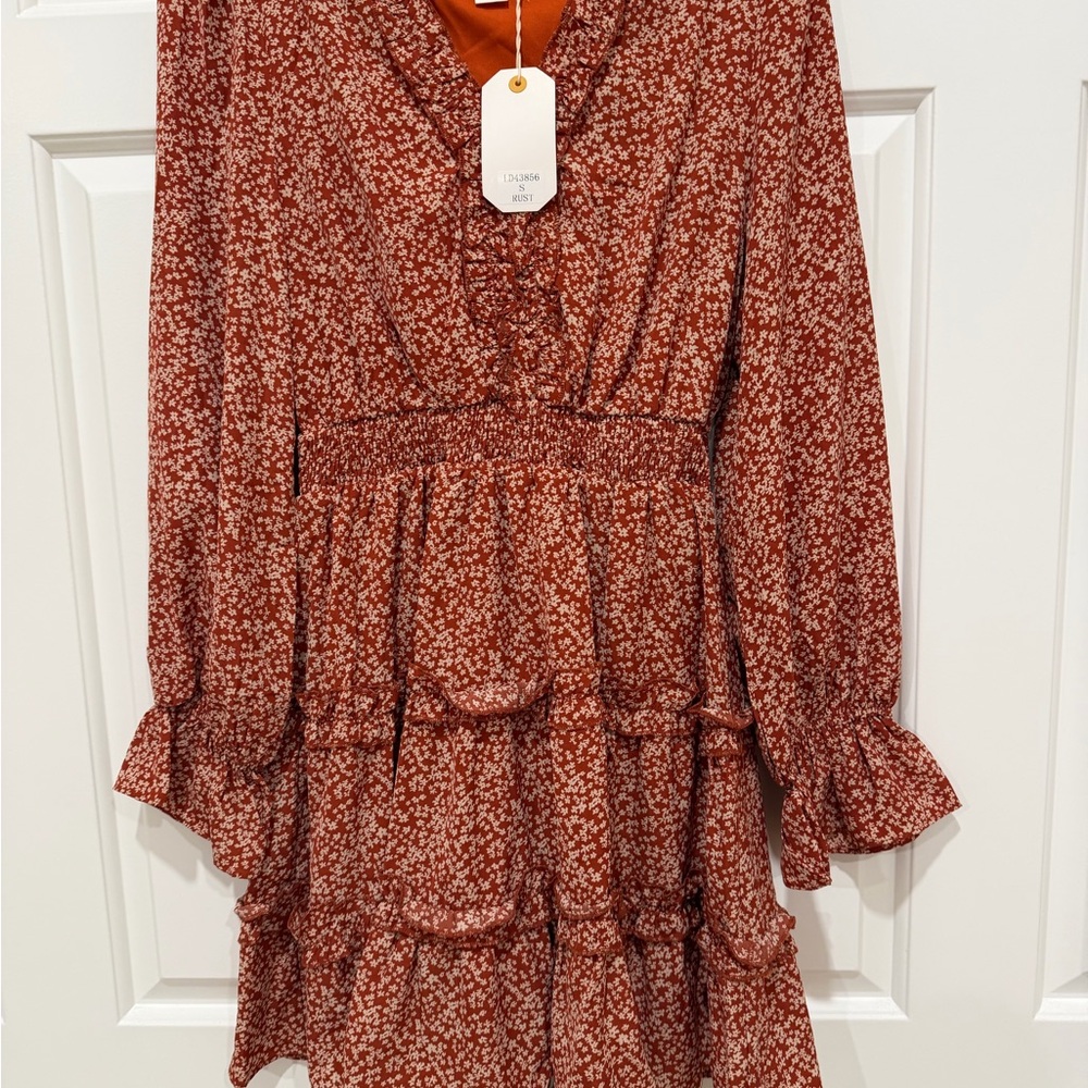Love Riche Long Sleeve Floral Dress in burnt orange
